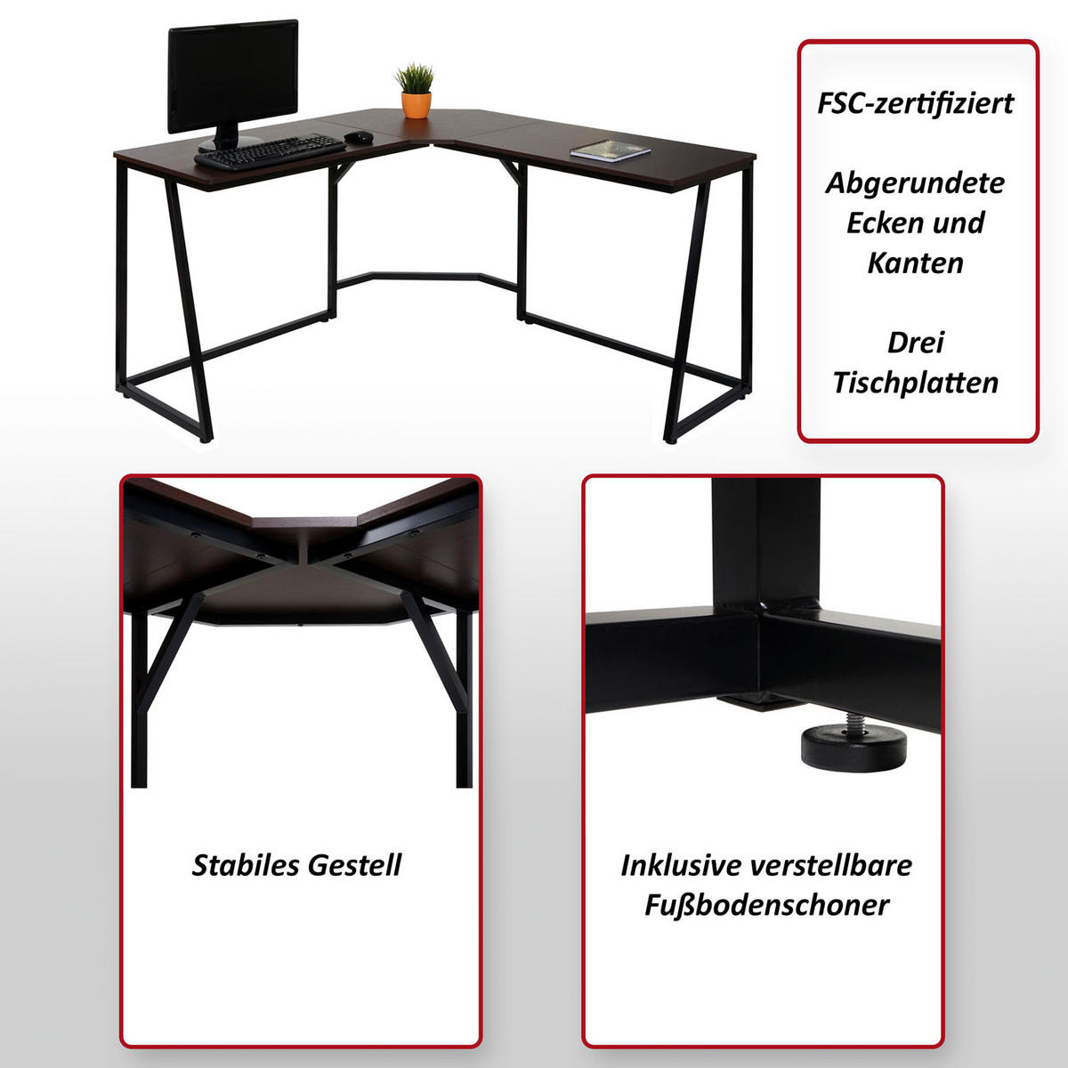 ECK-SCHREIBTISCH Dunkelbraun - Dunkelbraun, Metall (140/140/76cm) - MCW