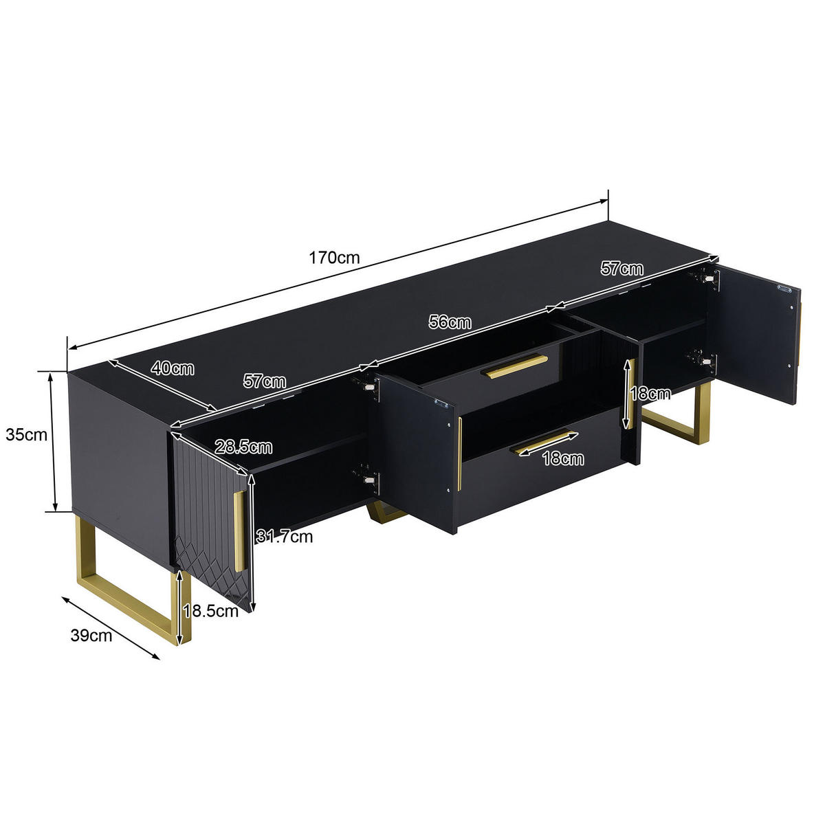 TV-SCHRANK 170/40/53,5 cm mit 4 Türen, 2 Schubladen, Kabelöffnungen und Hochglanz aus MDF, Schwarz/Gold - Schwarz, Holzwerkstoff (170/53.5/40cm) - Redom