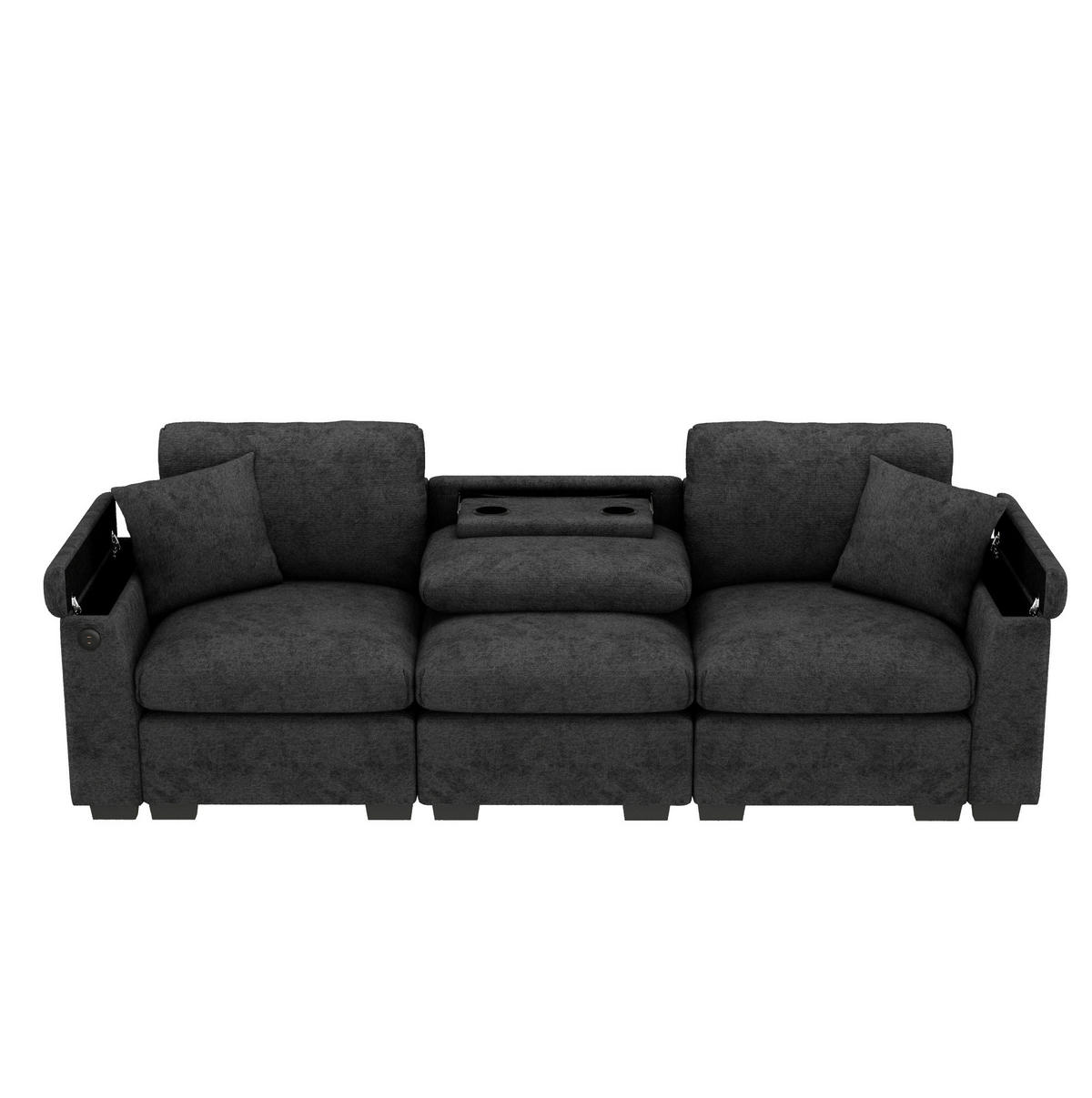 3-SITZER Sofa Chenille mit Klapptisch USB-Anschluss und Stauraum 242/80/88 cm Grau - Grau, Kunststoff/Textil (80/88/242cm) - Redom