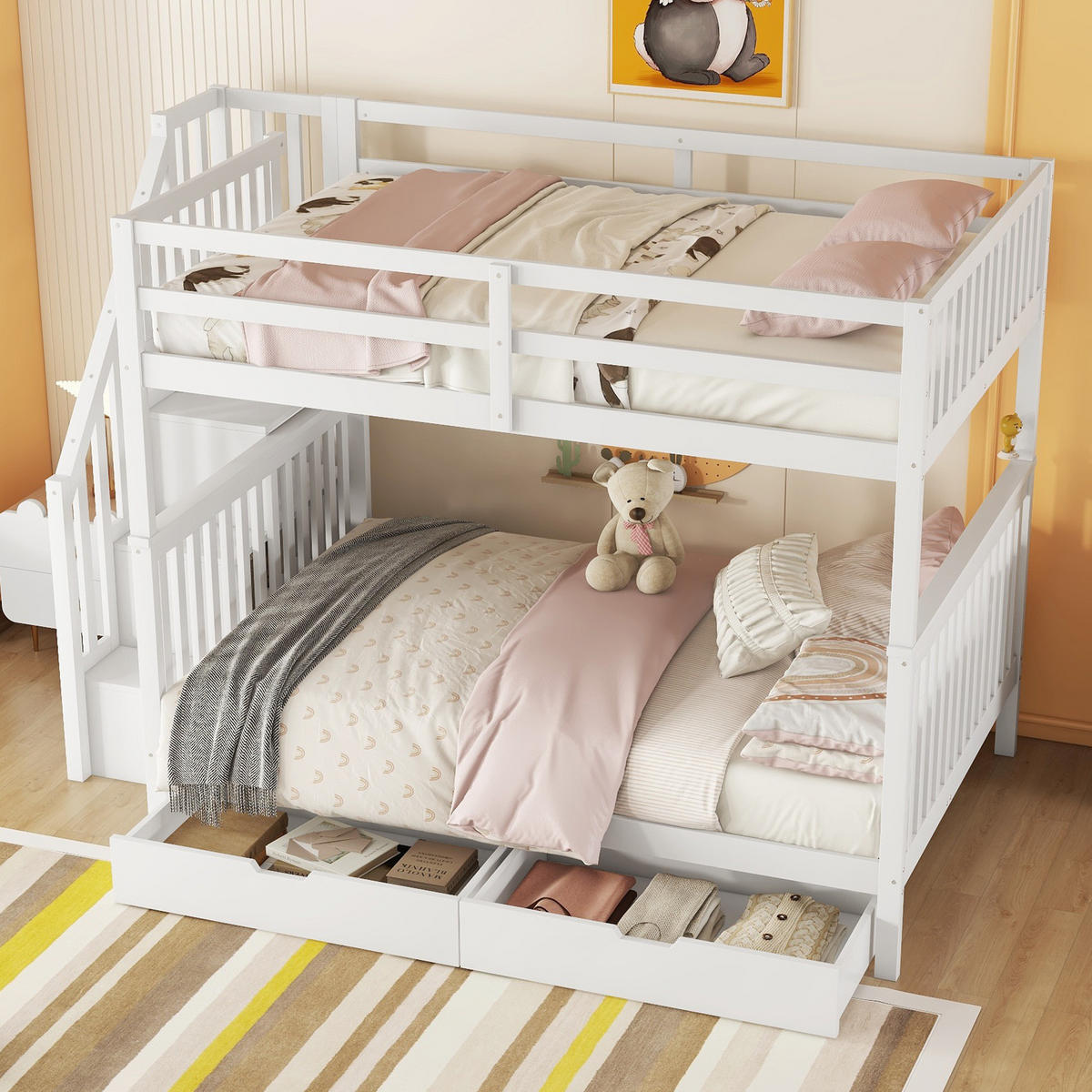 ETAGENBETT 140/200 cm aus Kiefern mit Treppenregal, 2 Schubladen und hohem Fallschutz, Weiß - Weiß, Holzwerkstoff (140/200cm) - Redom