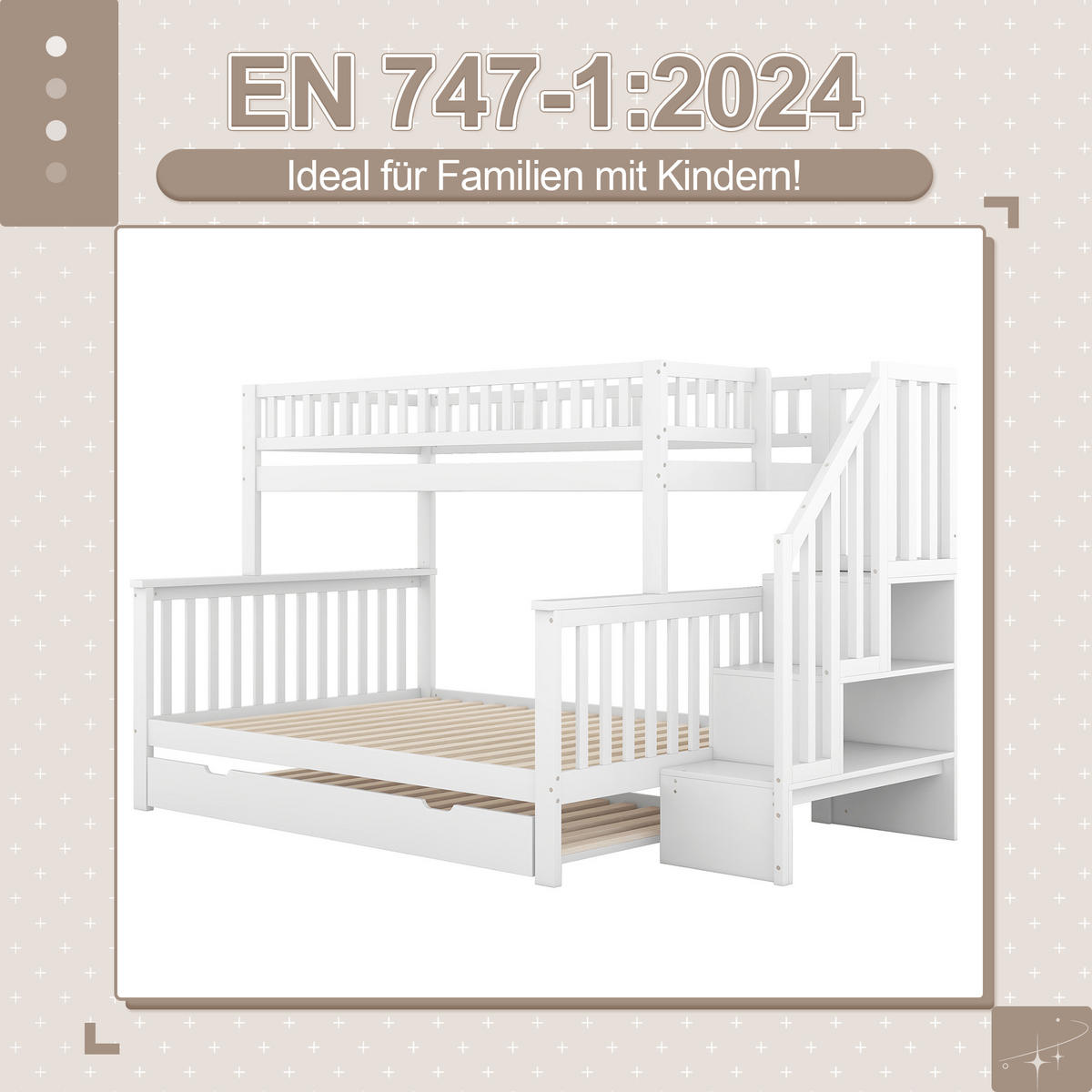 ETAGENBETT 90x200cm + 140x200cm Weiß Kiefer Rollcontainer Treppe - Weiß, Holz (140/200cm) - FLIEKS