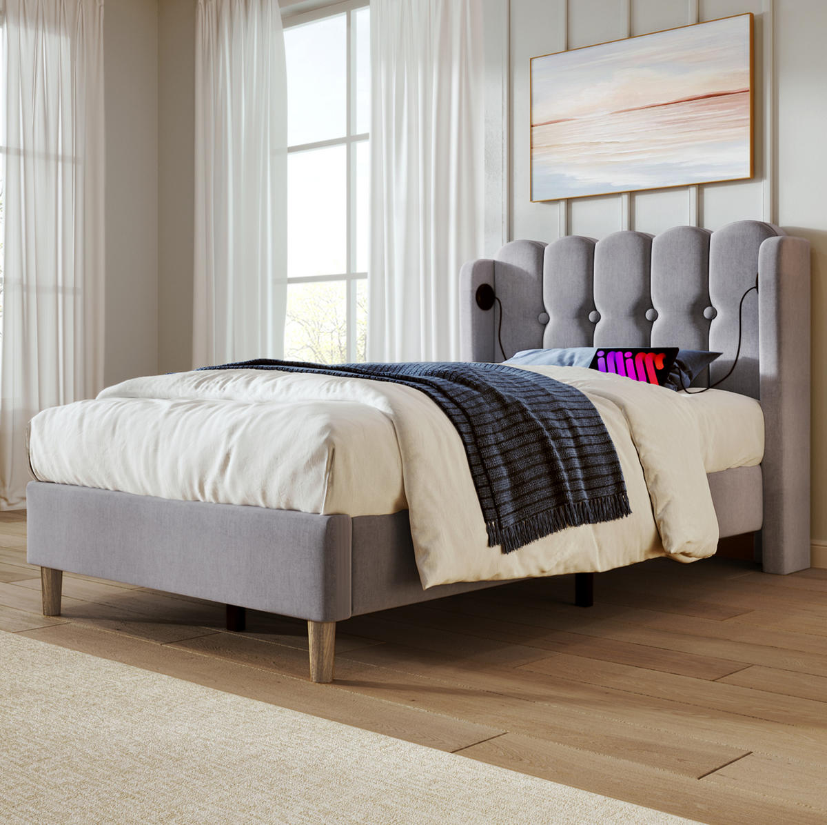 POLSTERBETT 90/200 cm Grau mit Matratze und USB- und Type-C-Anschlüssen - Grau, Textil (90/200cm) - Flora Grace
