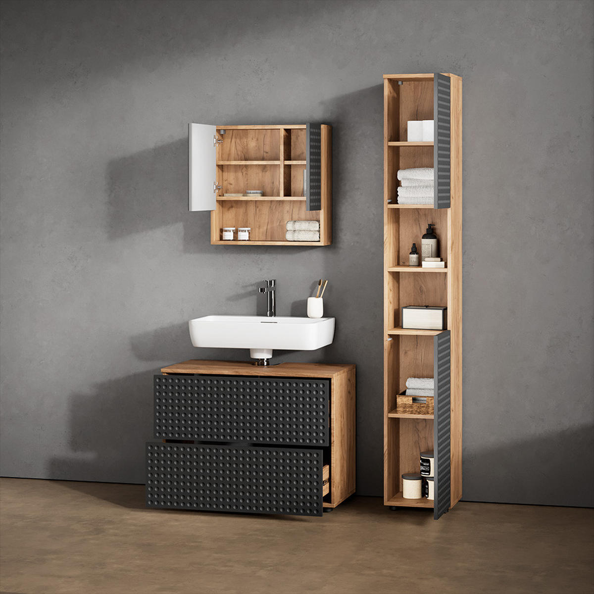 BADSPIEGELSCHRANK Ronco Anthrazit gepunktet 54 x 55 cm - Anthrazit/Eiche Wotan, Holzwerkstoff (54/55/17cm) - Livinity®