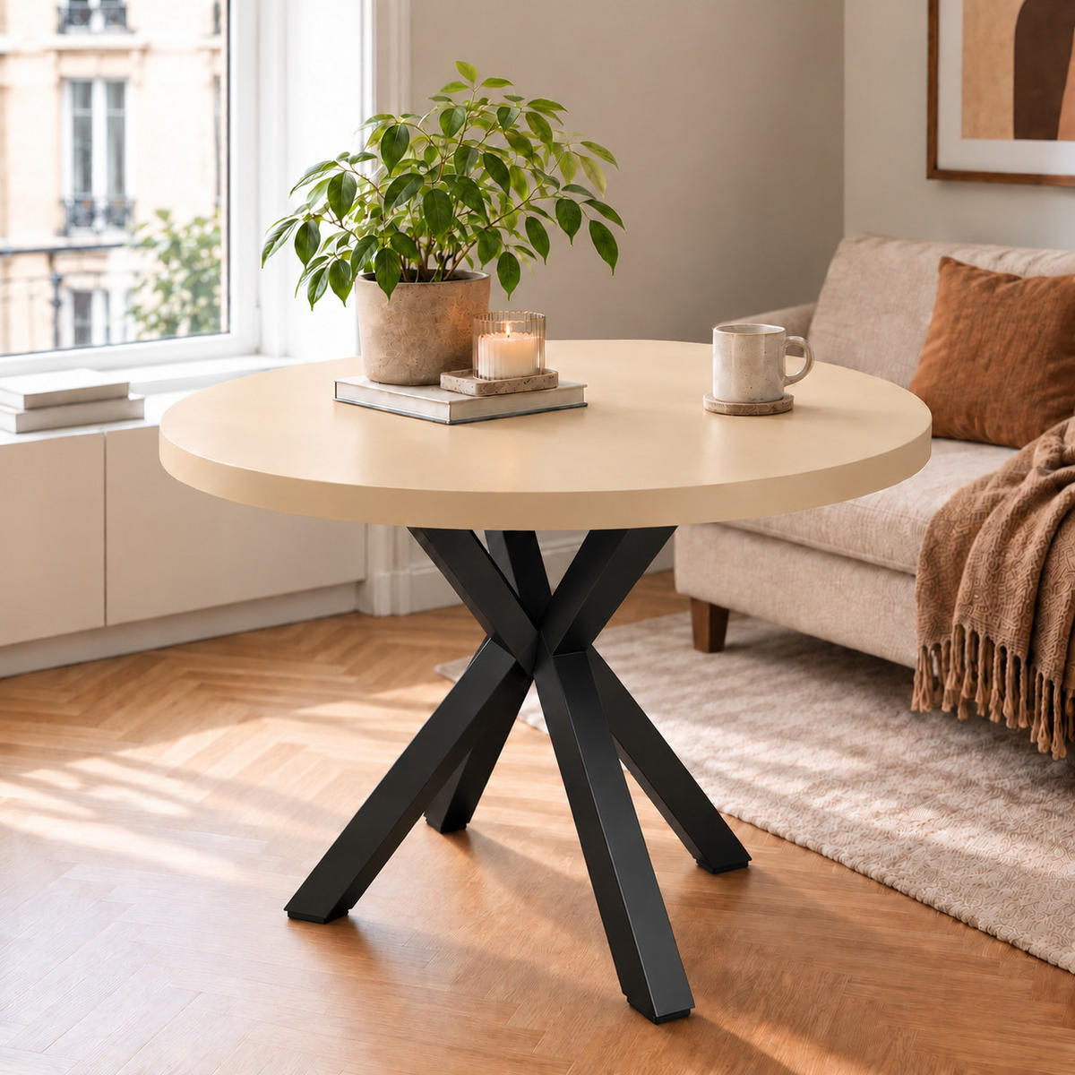 ESSTISCH rund ausziehbar 110-210/76 cm, Kaschmir, 54 cm Tischplatte + X Metallbeine Schwarz - Kaschmir/Schwarz, Holzwerkstoff/Metall (110/210/76cm) - Damale Möbel