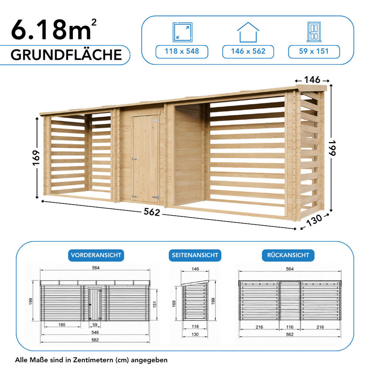 BRENNHOLZLAGER aus Holz mit geschlossenem Stauraum 6,18 m², zwei Lagerbereiche für ca. 7,38 m³ Brennholz, 564 x 146 x 199 cm (B x T x H) - Naturfarben, Holz (564/199/146cm) - Timbela