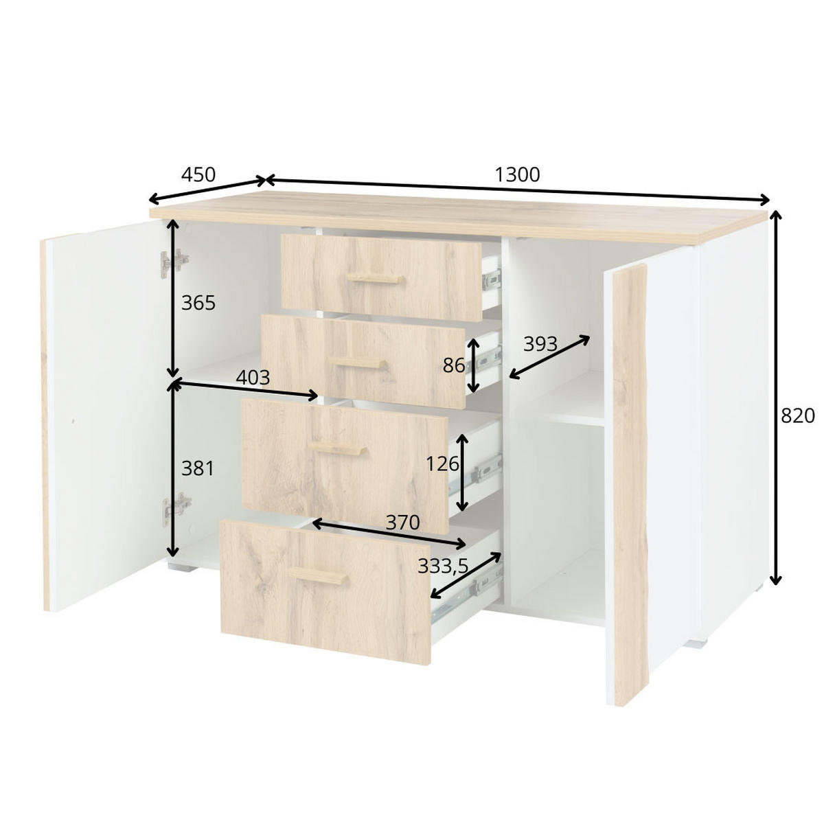 KOMMODE Wood Eiche Wotan / weiß 130 / 45 / 82cm - Weiß Hochglanz/Eichefarben, Holz/Holzwerkstoff (130/82/45cm) - Feldmann-Wohnen