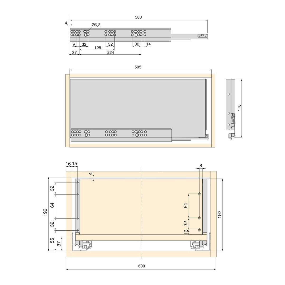 SCHUBLADEGARNITUR Vertex für Küche oder Badezimmer, Höhe 178mm, mit Einlegeböden, Modul 600mm, Anthrazitgrau - Anthrazit, Metall (58.5/8/53cm) - EMUCA