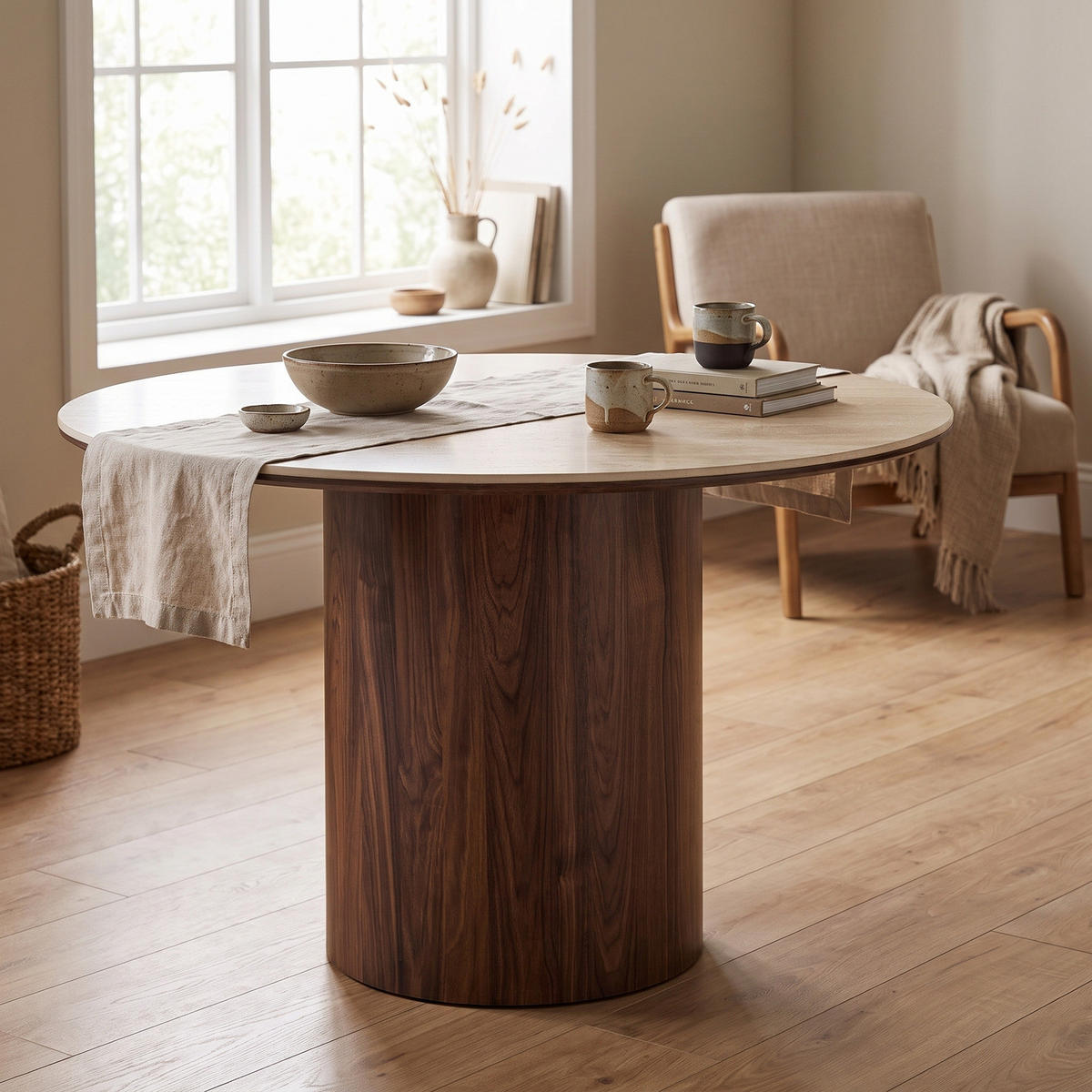 ESSTISCH Minamata Ø 120 cm, Keramik-Tischplatte Travertin / Walnuss-Dekor, 76 cm hoch - Grau, Holzwerkstoff (120/120/76cm) - ebuy24