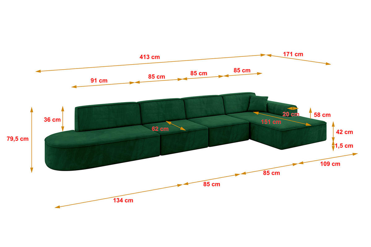 ECKSOFA Ottomane Rechts IREA-L3-v3 - 413x171x79 cm Grün - Grün, Holzwerkstoff/Textil (171/413cm) - ALTDECOR