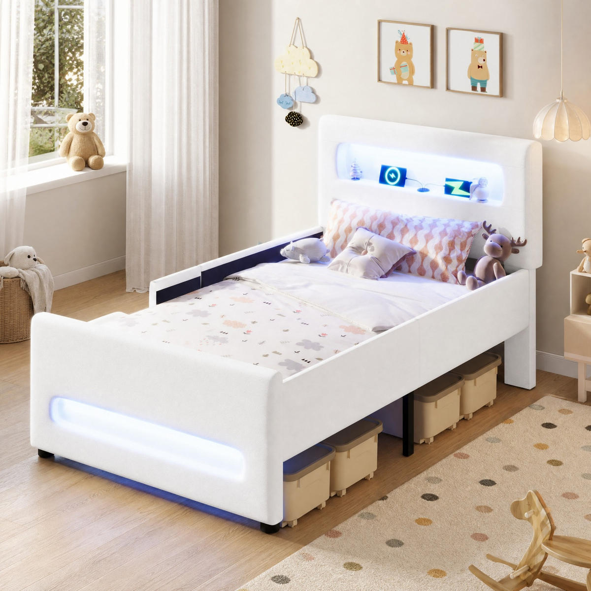 POLSTERBETT 90/200 mit Schublade, LED und USB in Weiß - Weiß, Holzwerkstoff/Textil (90/200cm) - EVRYAE