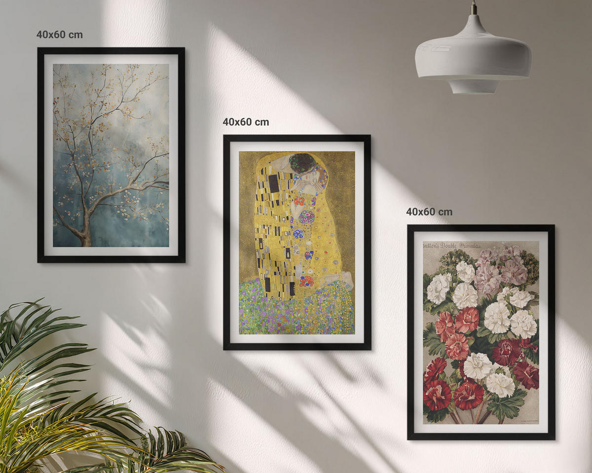 BILDER SET 3er Set - 40x60 cm Schwarzer Rahmen - Blumen des Baumes (Gemälde von Klimt) - Schwarz, Kunststoff (40/60cm) - TULUP