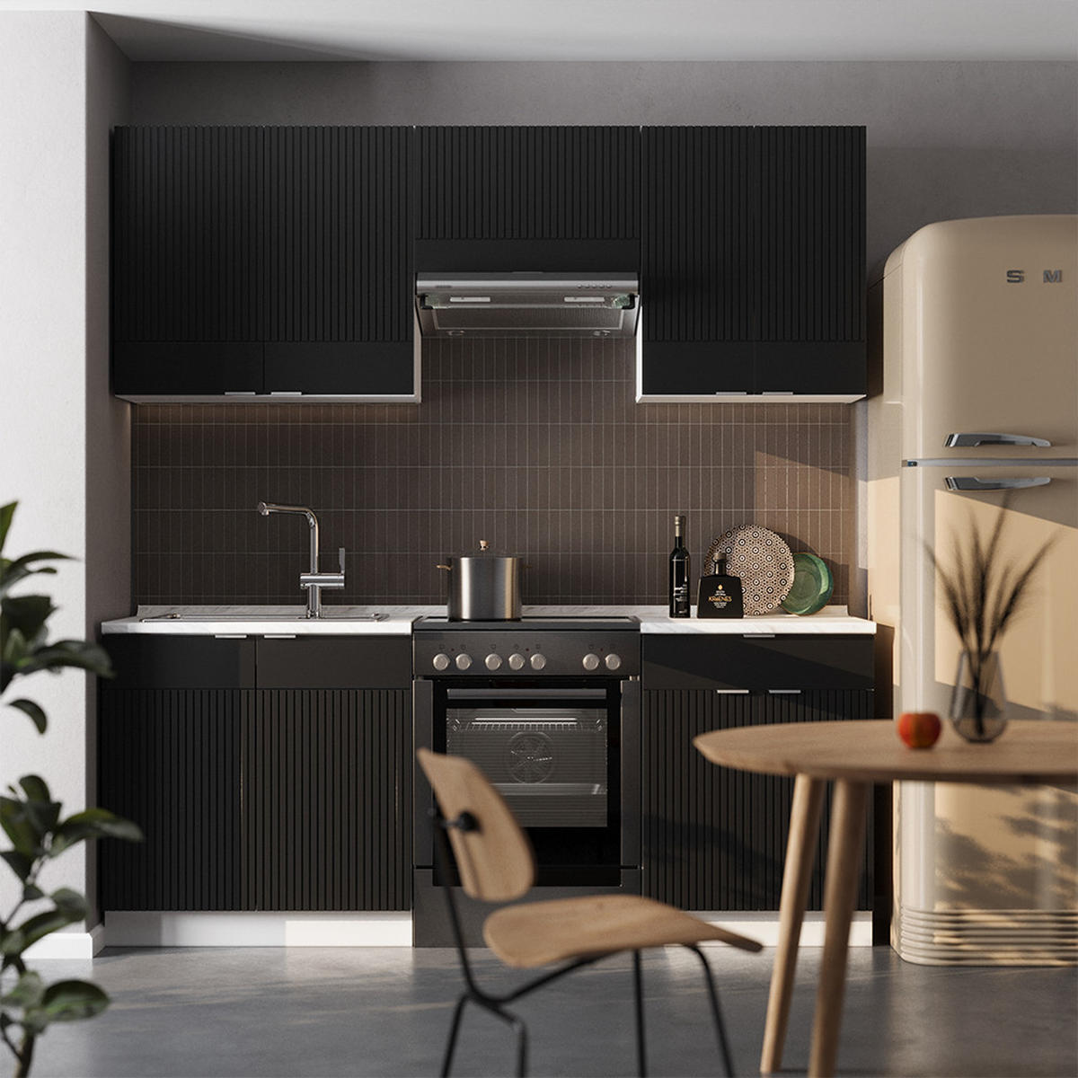 KÜCHENZEILE Fame-Line, Schwarz gestreift/Weiß, 200 cm ohne Arbeitsplatte - Schwarz/Weiß, Holzwerkstoff (200/81.6/46cm) - Vicco