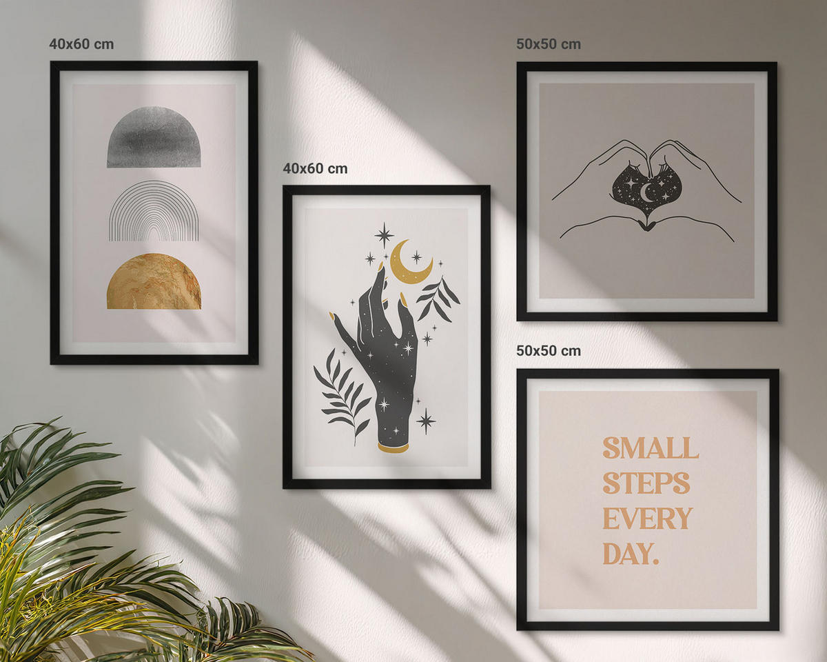 WANDBILDER 4er-Set - 50x50 cm & 40x60 cm Schwarzer Rahmen - Minimalistische Boho-Illustrationen - Schwarz, Kunststoff (50/50cm) - ArtPrintCave