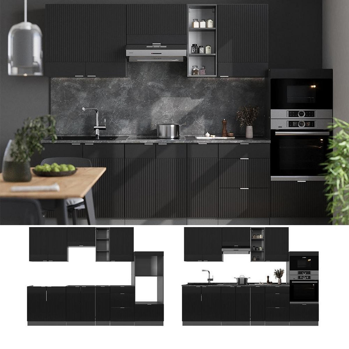 KITCHENETTE Fame-Line Dungi negre/antracit 280 cm , AP Marmură - antracit/negru, compozit lemnos (280/153.6/60cm) - Vicco