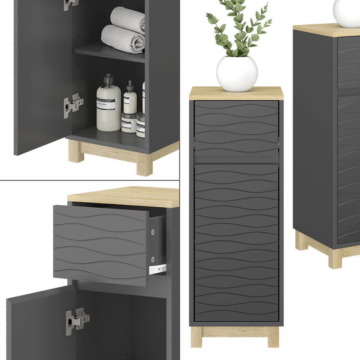 MIDISCHRANK Livia Anthrazit 30 x 80 cm mit Schublade - Anthrazit/Naturfarben, Holzwerkstoff (30/80/30cm) - Vicco