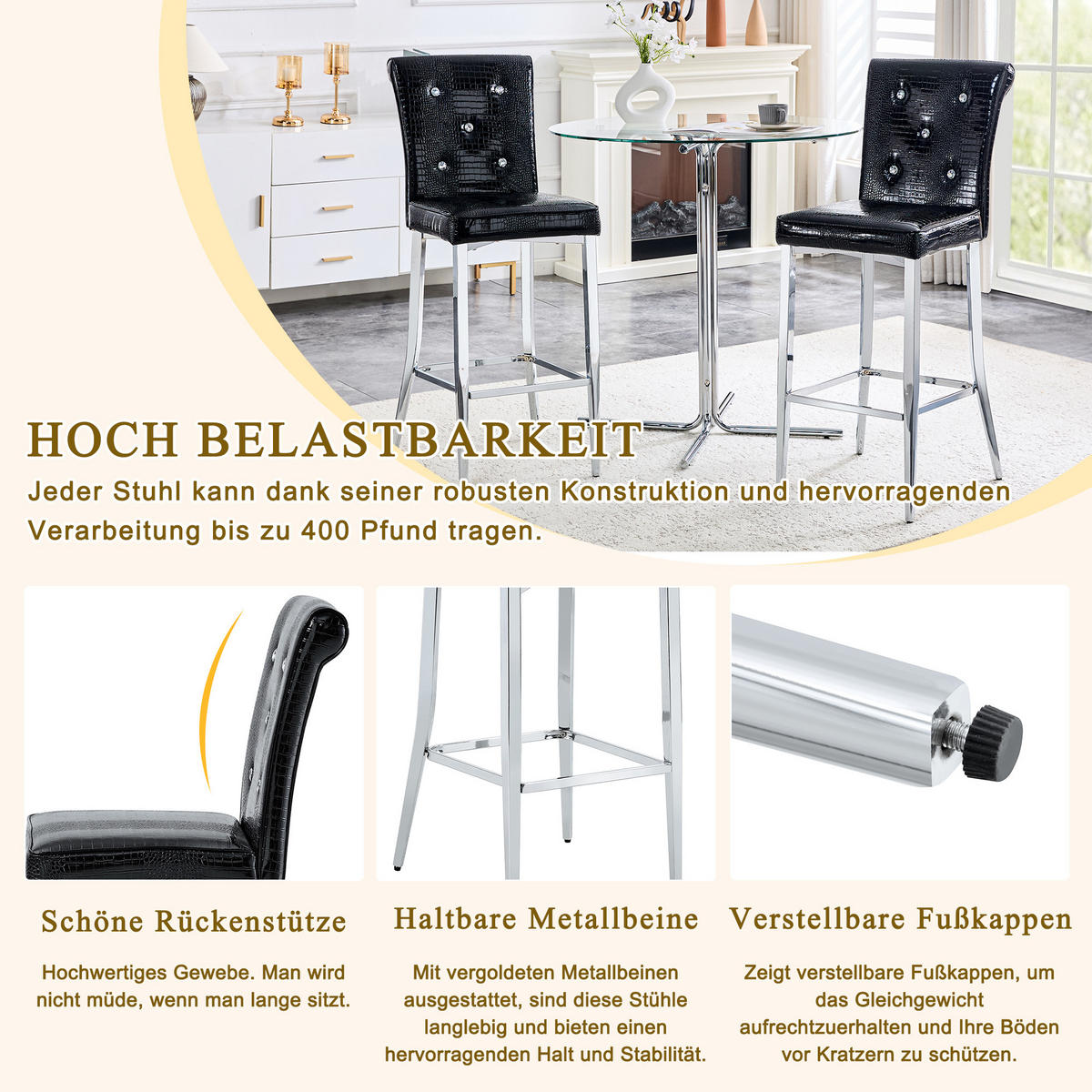 BARHOCKER DE-36799 2er-Set mit Krokodil-Leder-Optik Schwarz - Schwarz, Metall (43.2/114.3/54cm) - ComfortXL