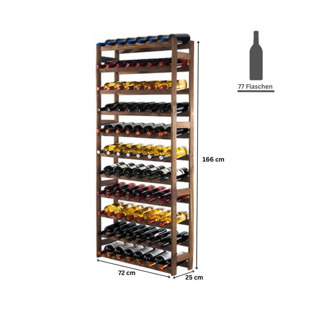 WEINREGAL Pinotwine 166x72x25 cm 77 Flaschen Massives Kiefernholz Braun Geölt - Braun, Holz (72/166/25cm) - PROREGAL