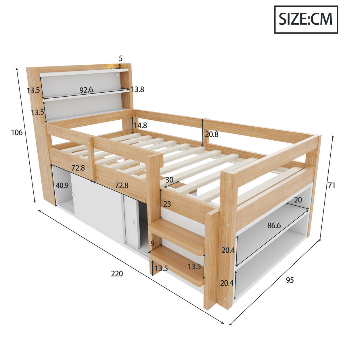 HOCHBETT 90/200 cm in Natur mit Ablageflächen, Staufächern, Schiebetüren, LED und USB - Naturfarben, Holzwerkstoff - STILVORA