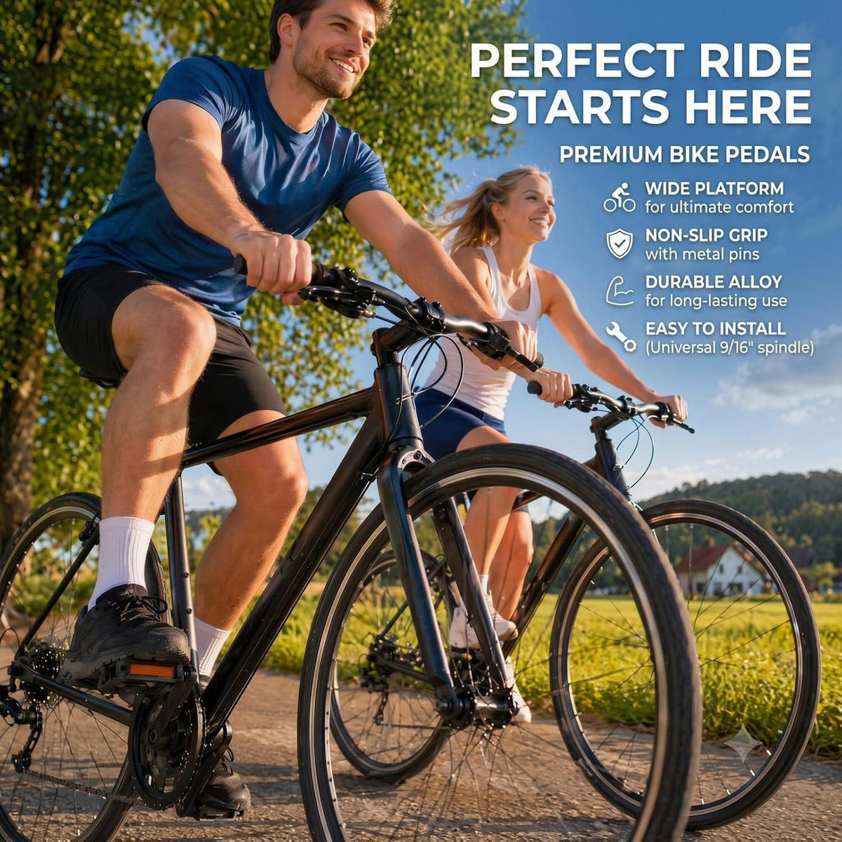 FAHRRADPEDALE 9/16 Zoll Mountainbike Rennrad mit Reflektoren und rutschfestem Profil - Schwarz, Metall (9.5/2.2/10cm)