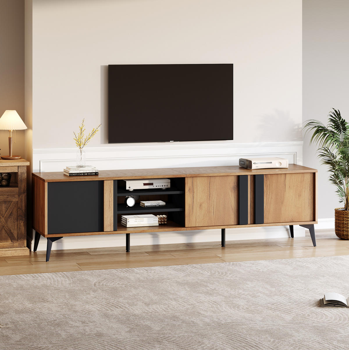 TV-SCHRANK 180/40/50 cm schwarz-braun Spanplatte mit 3 Türen und offenem Fach - Schwarz, Holzwerkstoff (180/50/40cm) - OKWISH