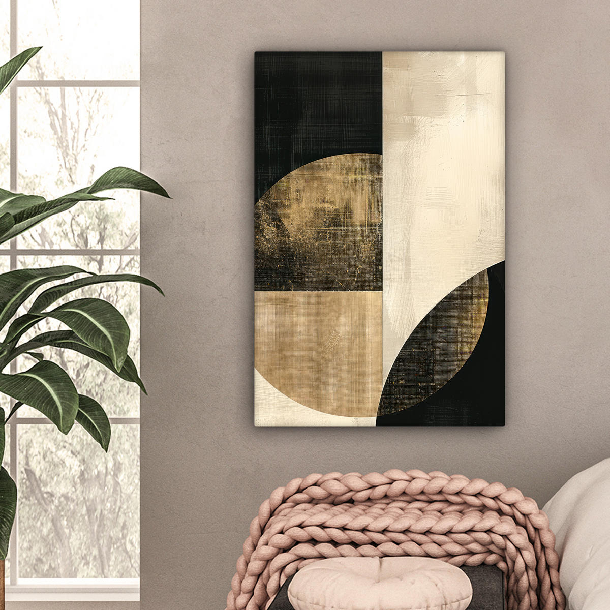 LEINWANDBILD Abstrakt - Geometrische Formen - Schwarz - Gold Wanddeko 40x60 cm - Ecru, Textil (40/60cm) - MuchoWow