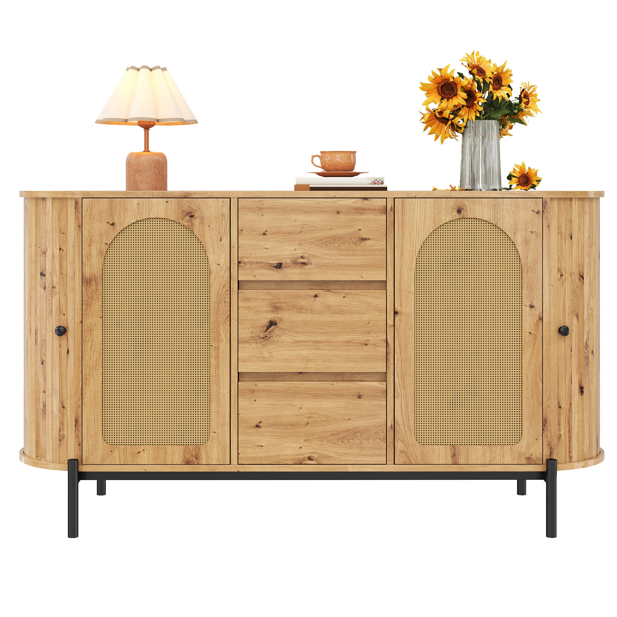 SIDEBOARD i träoptik Ovalt förvaringsskåp med justerbara hyllor och skjutdörrar, B140/D38/H77,5 cm Naturfärgad 77.5/140/38 cm