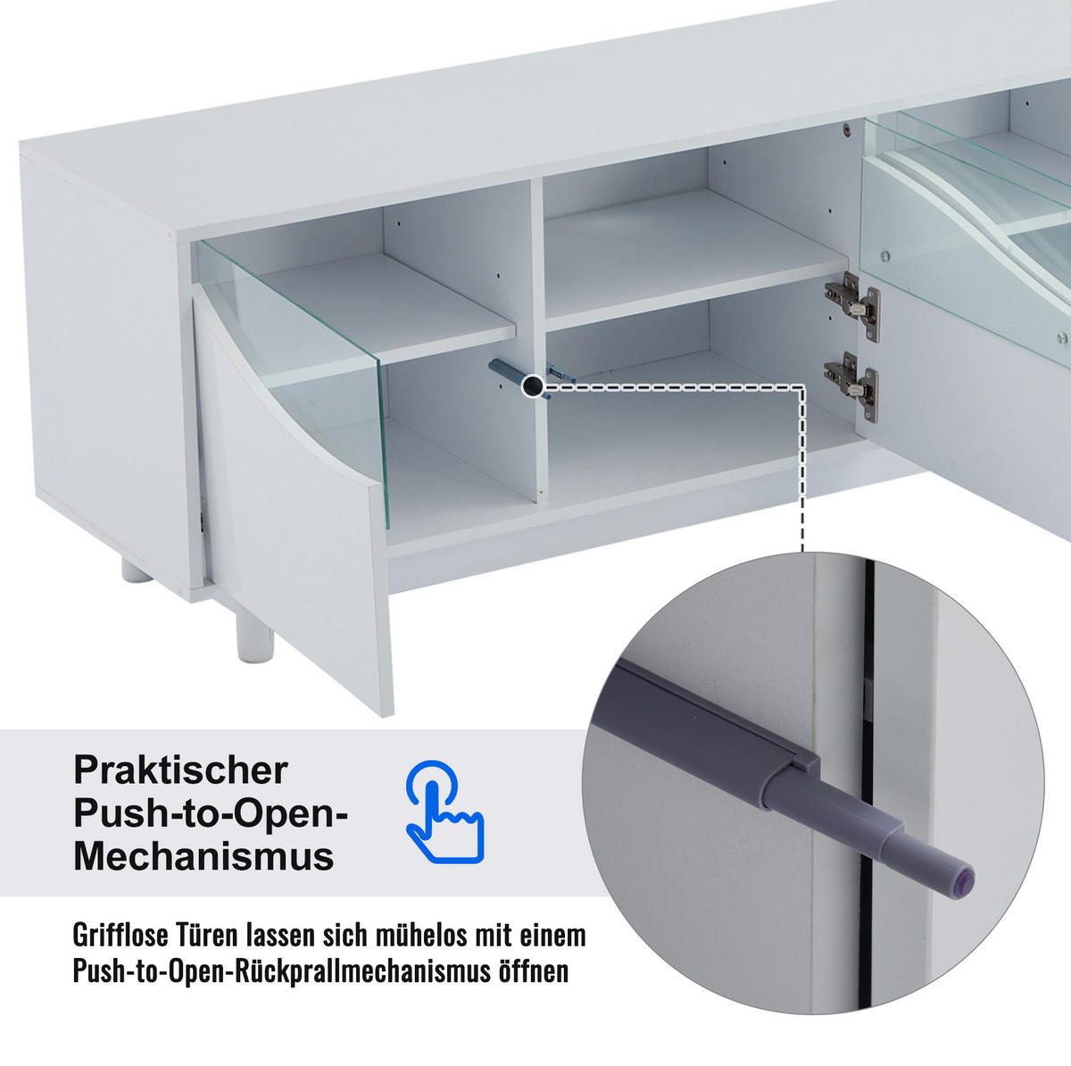 TV-SCHRANK aus MDF 175x38x51 cm Weiß Hochglanz mit LED-Beleuchtung, Glasfront und Push-to-Open - Weiß, Holzwerkstoff (175/51/38cm) - Modfu