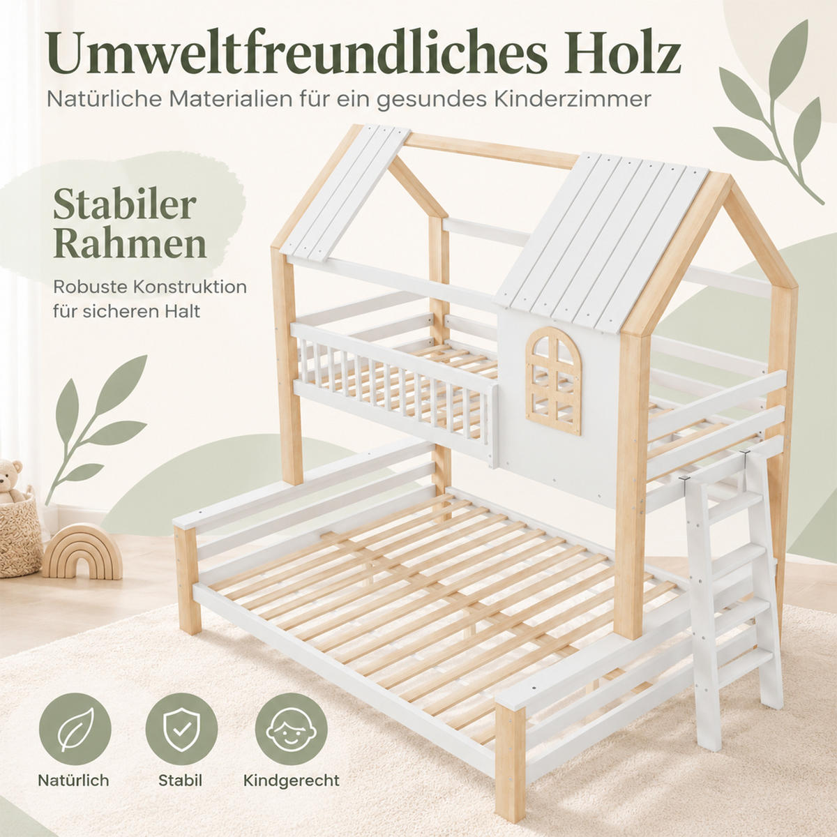 ETAGENBETT 90x200/140x200 mit Leiter, Dach/Rausfallschutz, Holz, Weiß/Natur - Weiß, Holz - LVHOM