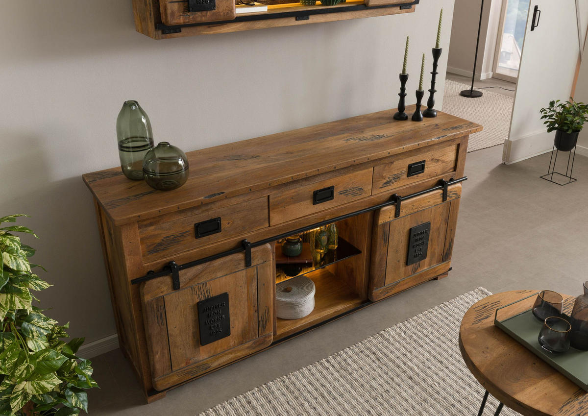 SIDEBOARD Mango / Altholz 180x45x90 natur lackiert RAILWAY LUX #102 - Braun, Holz (180/90/45cm) - Massivmoebel24