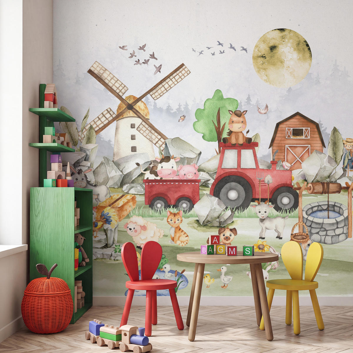 KINDERTAPETE - Bauernhof - Traktor - Kinder - Tiere - 220x200 cm - Weiß, Papier (220/200cm) - OnlyWow