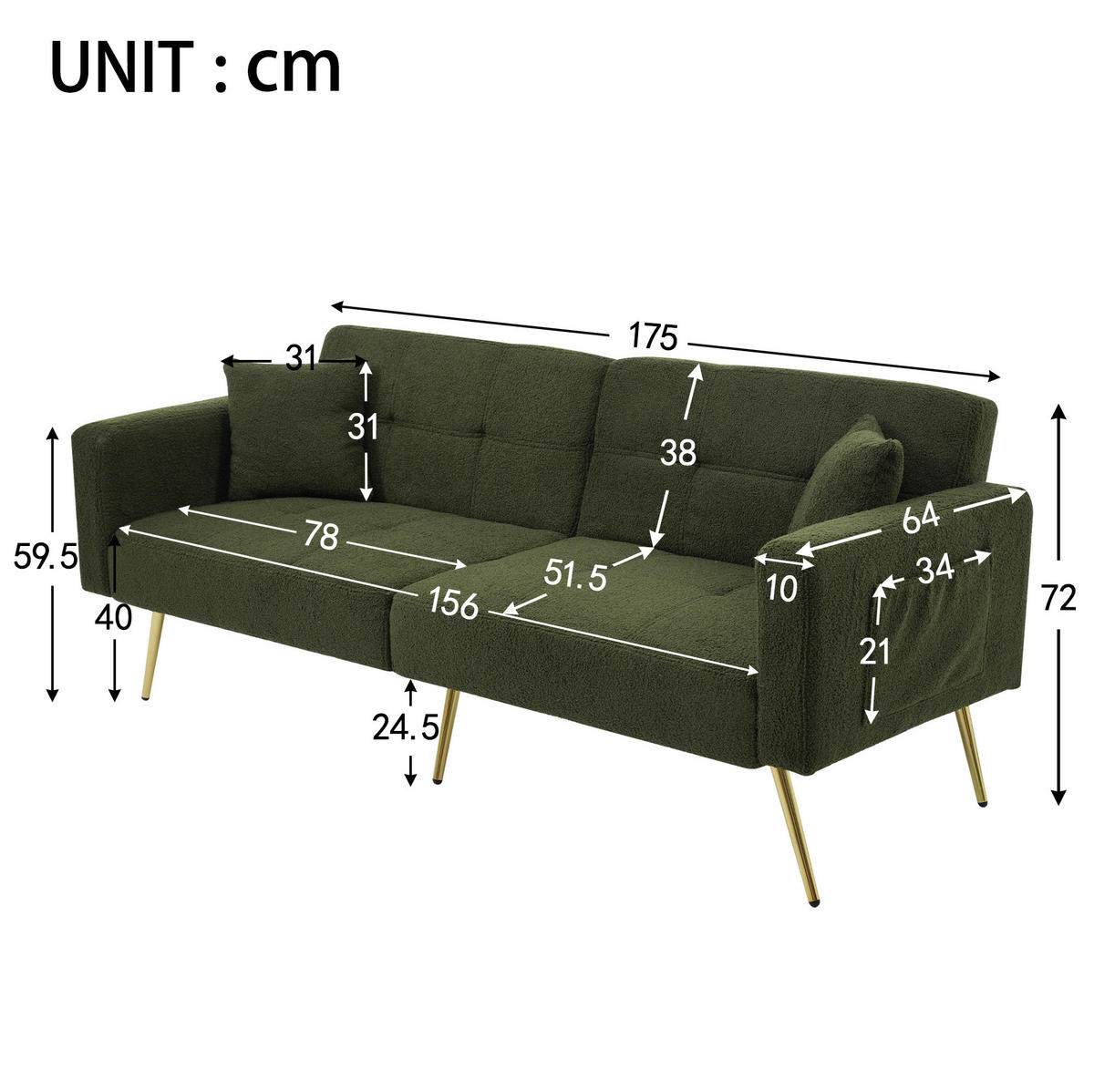 SCHLAFSOFA Sherpa mit verstellbarer Rückenlehne und Seitentaschen Antikgrün 175/64/72 cm - Grün, Textil (64/72/175cm) - Redom