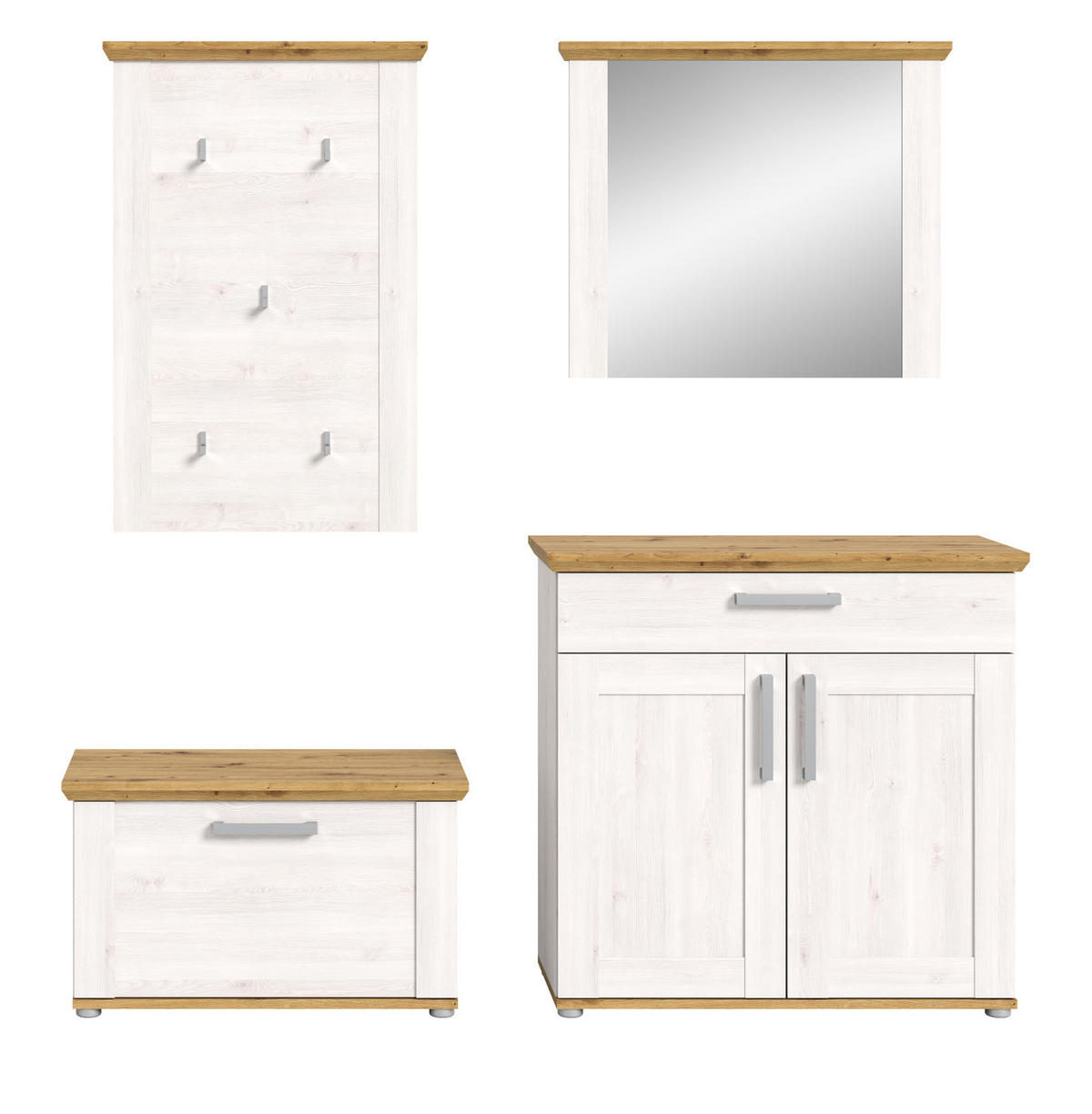 GARDEROBE Set 4-teilig weiß Lärche 190 cm, Komplettset im Landhaus-Stil - Silberfarben/Weiß, Glas/Holzwerkstoff (190/196/39cm) - Inn.Furn