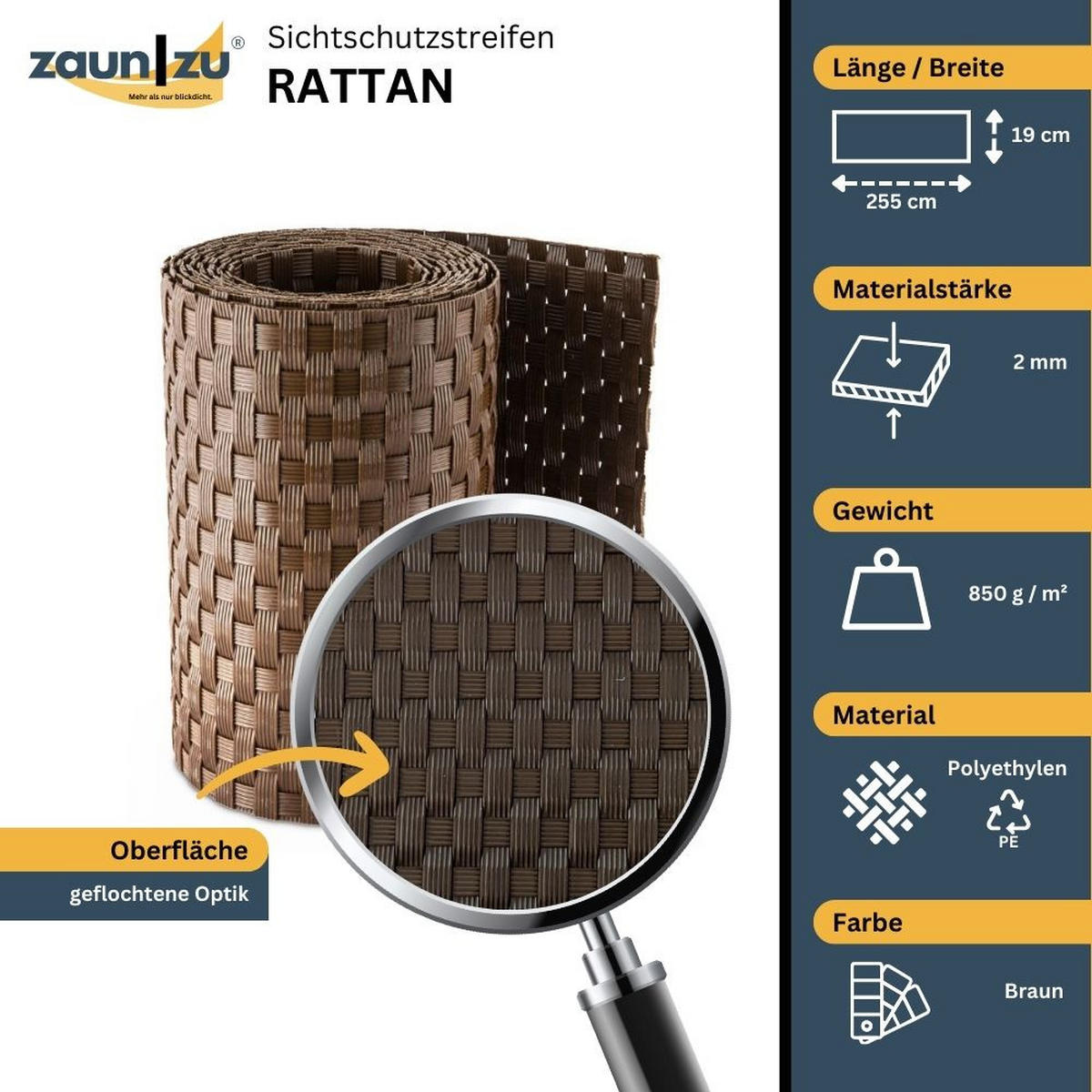 SICHTSCHUTZSTREIFEN Rattan Einzelstreifen für Doppelstabmatten Braun 2,55m - Braun, Kunststoff (255/19cm) - ZAUN|ZU