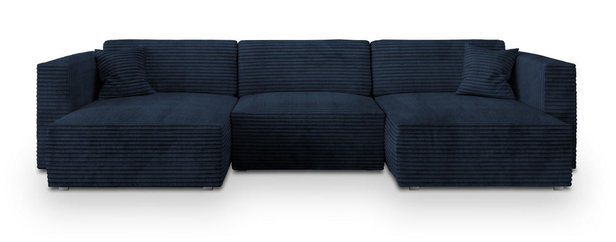 WOHNLANDSCHAFT SARMO Blau Kordstoff mit Schlaffunktion - Blau, Holz (347/90/148cm) - MASSENO