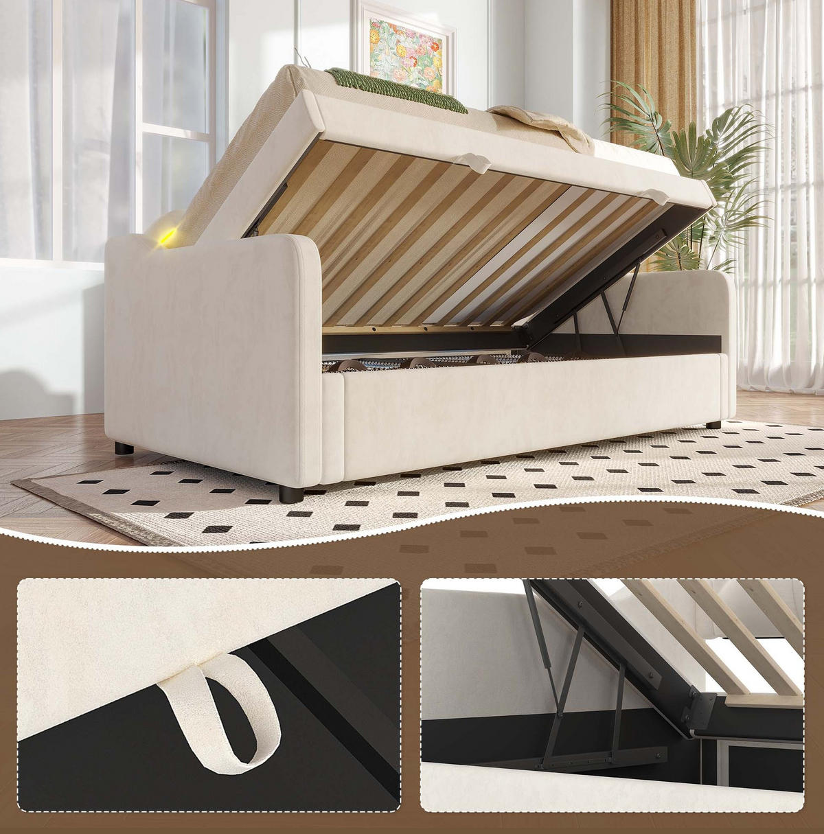 TAGESBETT 90/200 cm aus Samt mit hydraulischem Stauraum und LED-Beleuchtung, Beige - Beige, Textil (90/200cm) - Redom