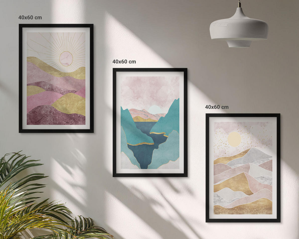 BILDER SET 3er Set - 40x60 cm Schwarzer Rahmen - Abstrakte Berge Sonne - Schwarz, Kunststoff (40/60cm) - TULUP