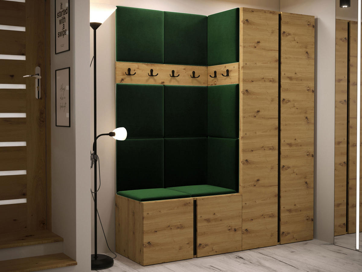 MOBILIER PENTRU HOL Orion III - verde/stejar Artisan, material plastic/compozit lemnos (158/186/46cm) - MIRJAN24