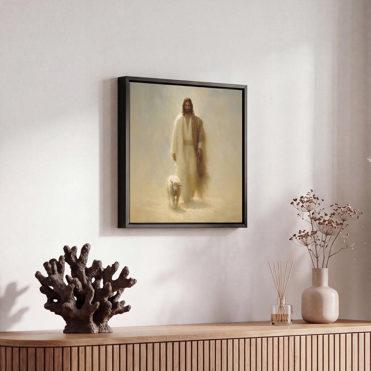 LEINWAND Bilder mit Rahmen - Schaf - Jesus - Pinselstriche - Abstrakt - 20x20 - Beige, Textil (20/20cm) - MuchoWow