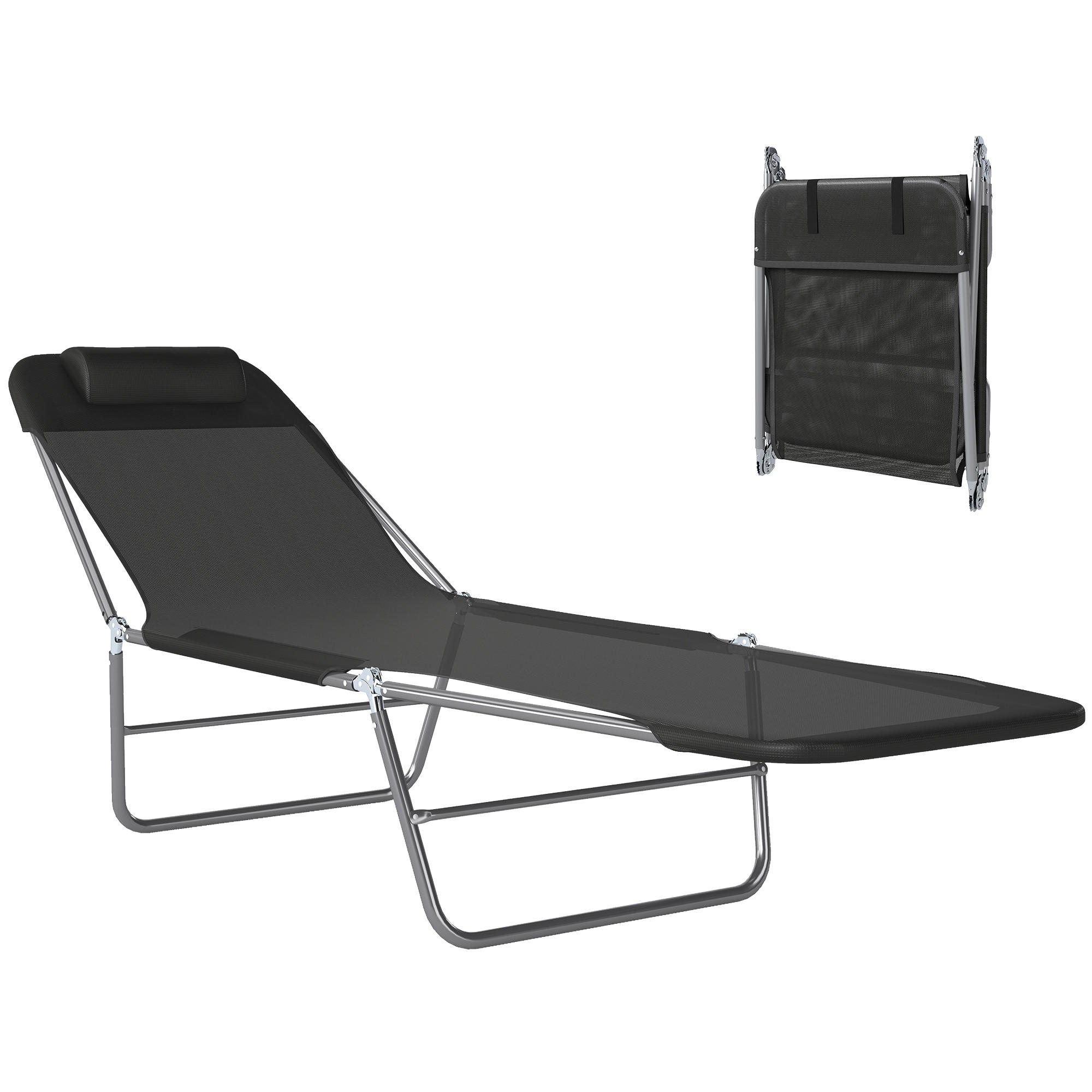 SONNENLIEGE klappbar Gartenliege mit Kopfkissen 5-Fach Campingliege 120kg Schwarz - Schwarz, Metall (182/28/56cm)