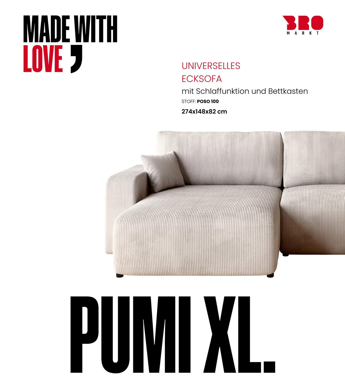 ECKSOFA PUMI XL mit Schlaffunktion Vanille Cord - Creme, Textil (274/148cm) - Bromarkt