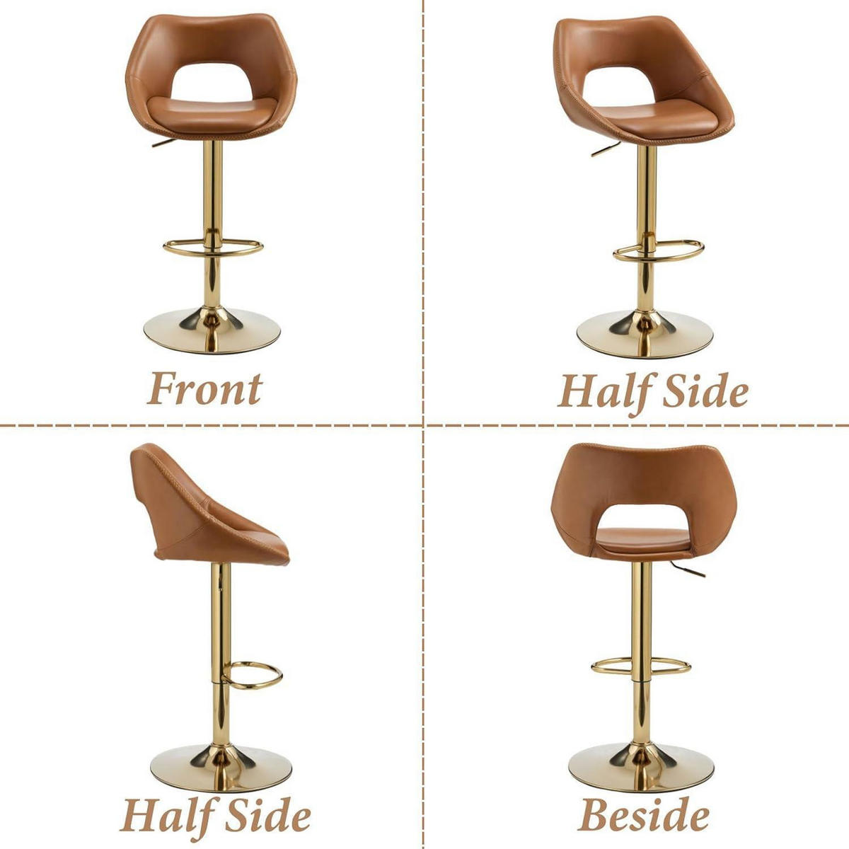 BARHOCKER 4er Set höhenverstellbar drehbar mit Rückenlehne und goldener Fußstütze, braun - Braun, Kunststoff (51/106.5/51cm)