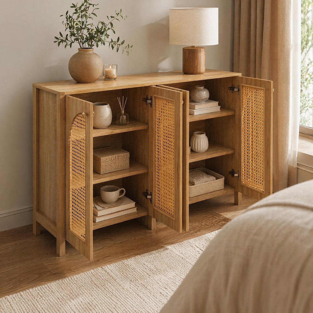 SIDEBOARD in Naturfarben Anrichte mit 4 Rattantüren für Esszimmer, Küche und Wohnzimmer, B145/T80/H40 cm - Naturfarben, Holzwerkstoff/Metall (145/80/40cm) - STILVORA