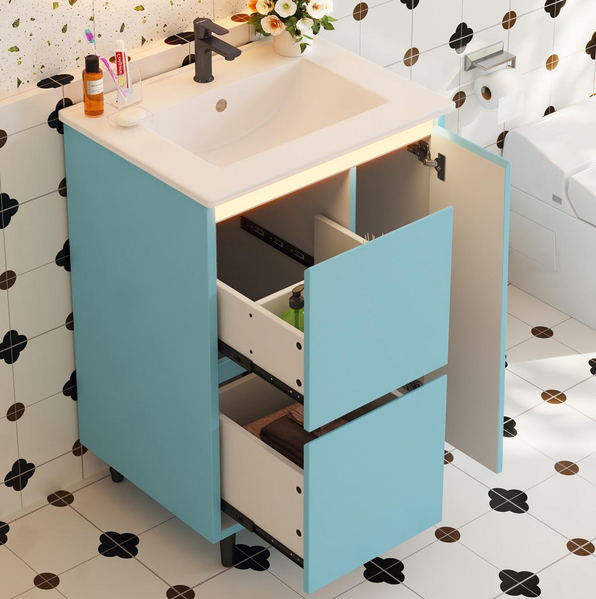 BADMÖBEL mit Waschtisch aus Keramik und MDF 61x46,5x87 cm Blau mit 2 Schubladen, Schrankfach und Soft-Close - Blau, Keramik (61/87/46.5cm) - Modfu