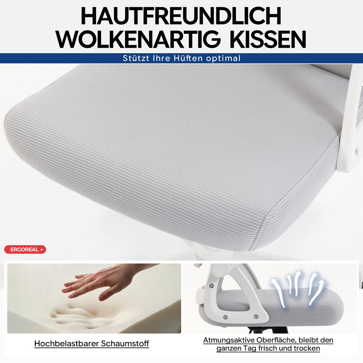 DREHSTUHL Gräulich-weiß mit verstellbare Rückenlehne und verstellbare Lendenwirbelstütze - Weiß, Kunststoff (65/104/65cm) - Oxeza