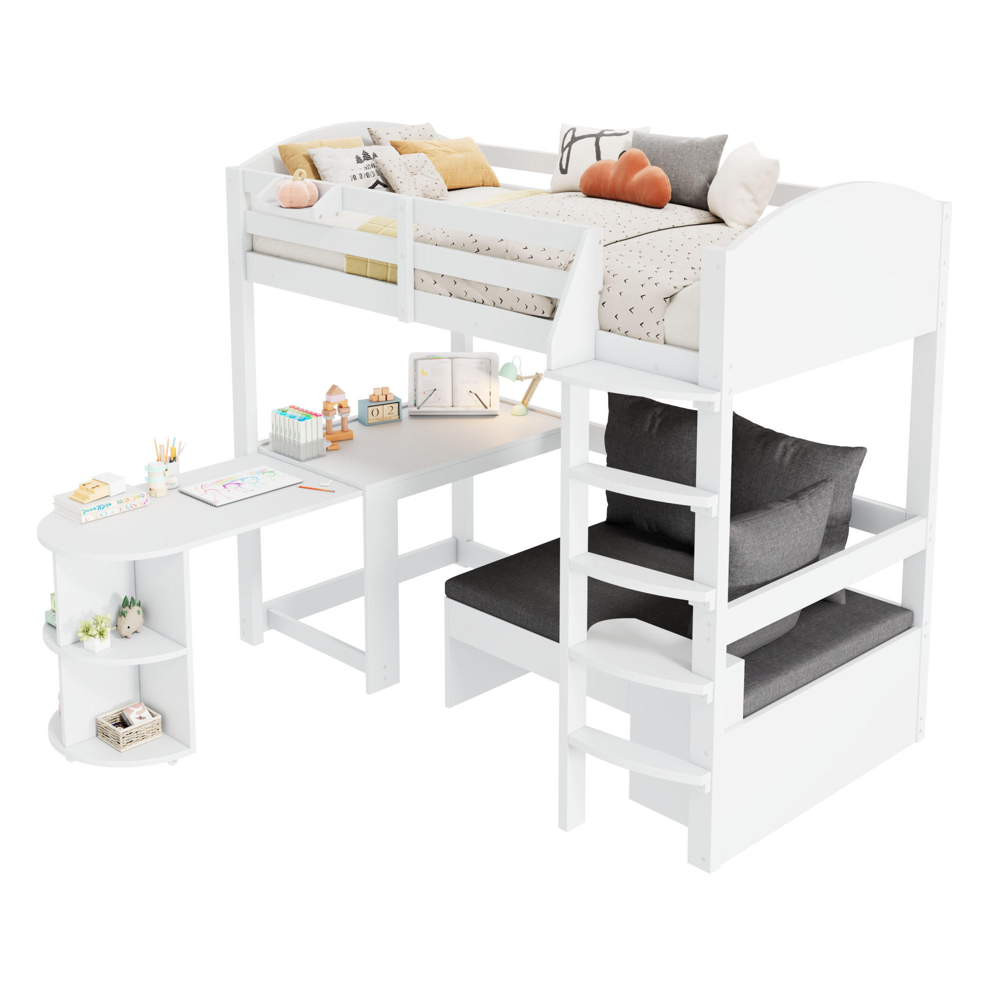 HOCHBETT 90/200 cm aus Massivholz mit Sofa und ausziehbarem Schreibtisch - Weiß, Holzwerkstoff (90/200cm) - Flora Grace