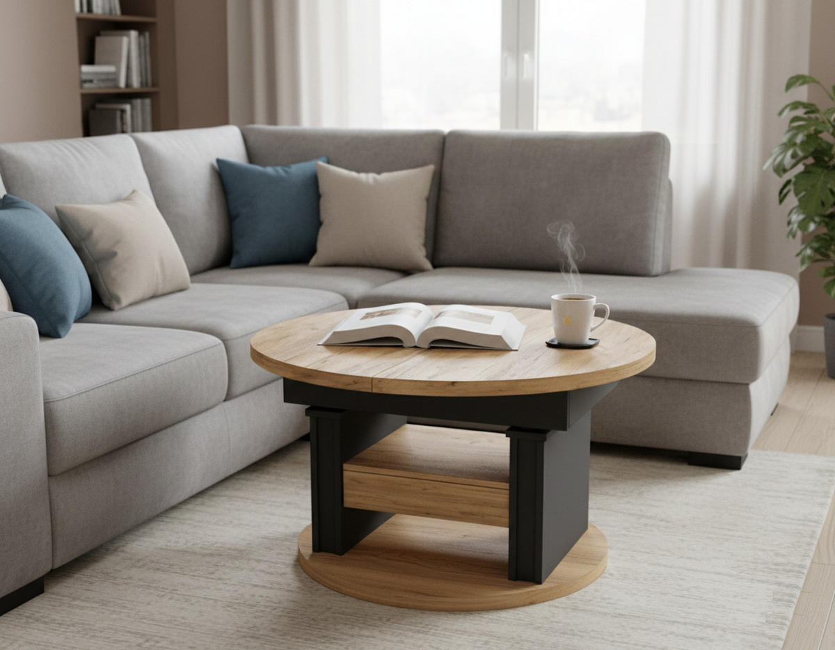 COUCHTISCH rund ausziehbar höhenverstellbar Schubalde 100/100/60 cm - Eichefarben/Schwarz, Holzwerkstoff (100/100/60cm) - designimpex