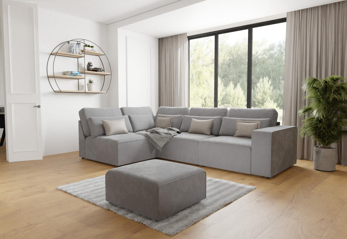 ECKSOFA modularer Leox Hellgrau Samt-Stoff - Hellgrau/Schwarz, Kunststoff/Textil (305/281cm) - S-Style Möbel