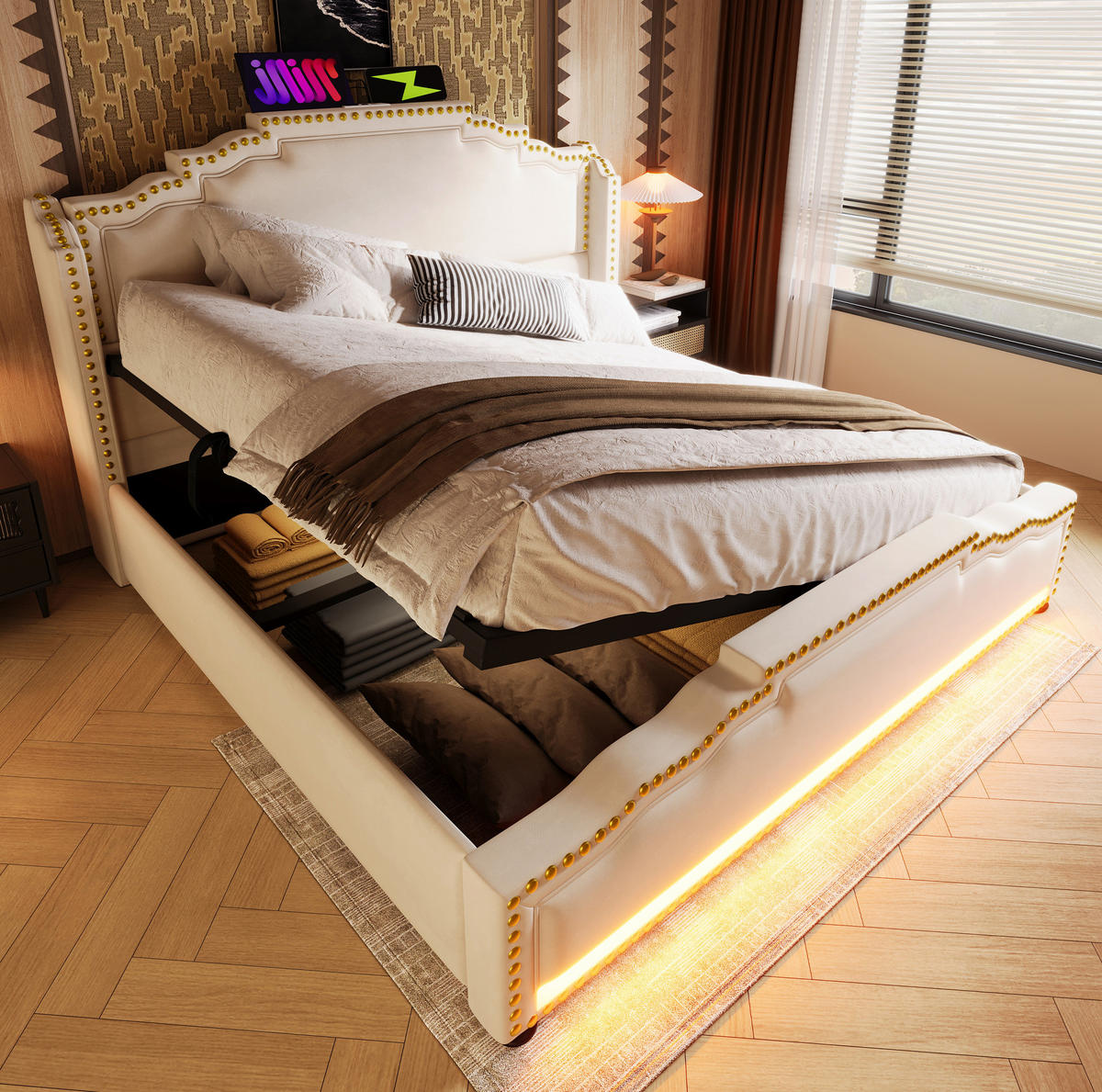 ČALÚNENÁ posteľ 140/200 cm s LED osvetlením, USB a Type-C portami, hydraulickým úložným priestorom z velúru, Béžová - béžová, textil (140/200cm) - Redom