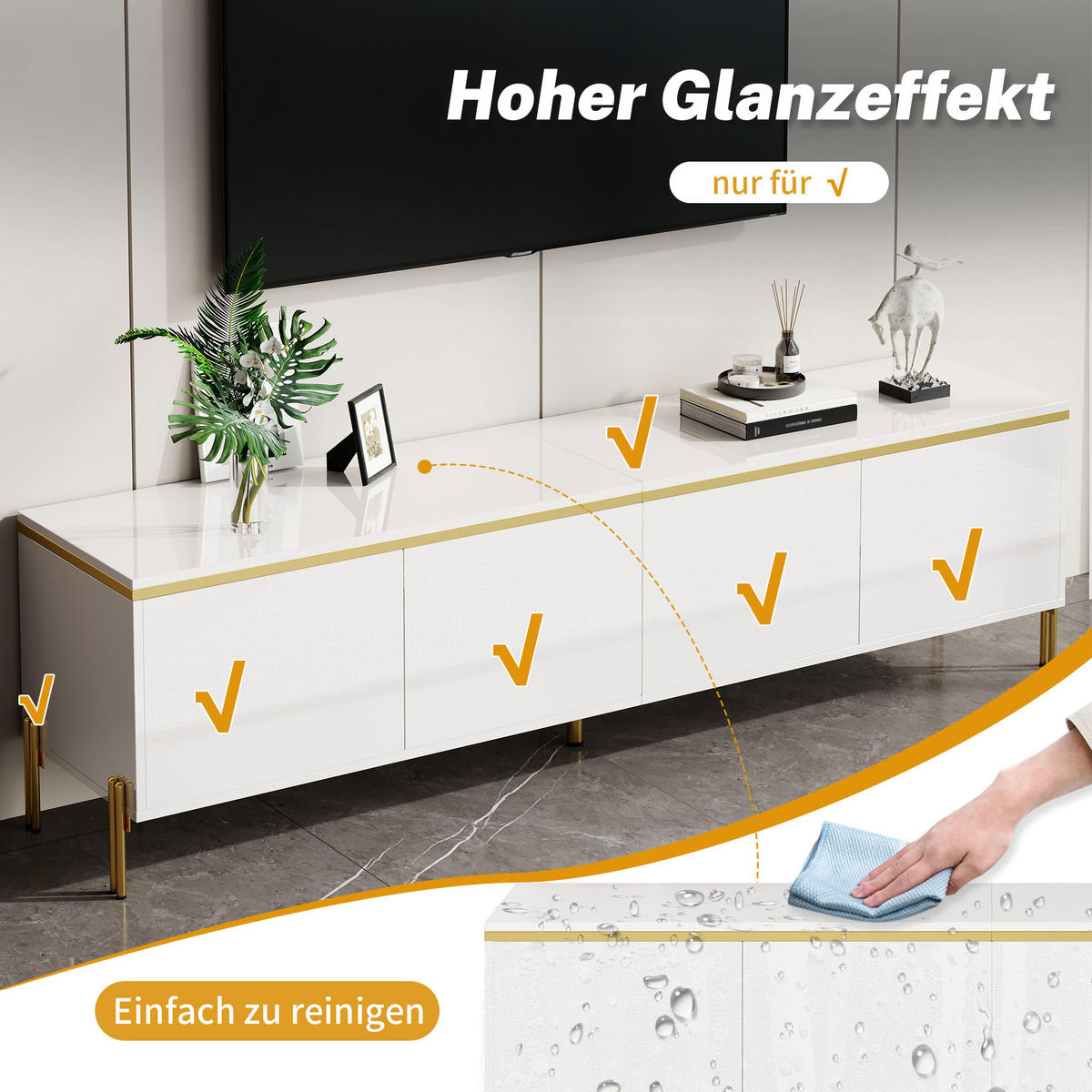 TV-SCHRANK 170/38/50 cm Weiß Hochglanz mit 4 Türen und Kabelmanagement - Weiß, Holzwerkstoff/Metall (170/50/38cm) - Oxeza
