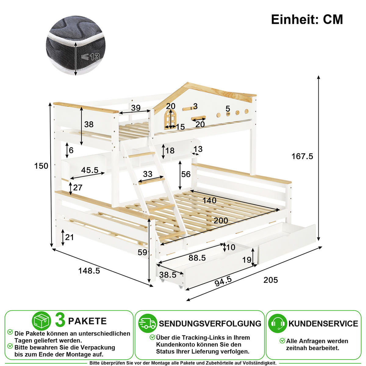 ETAGENBETT 90/200 cm & 140/200 cm in Weiß & Natur mit 2 Schubladen und Regal - Weiß/Naturfarben, Holz/Holzwerkstoff (140/200cm) - CHICFURN